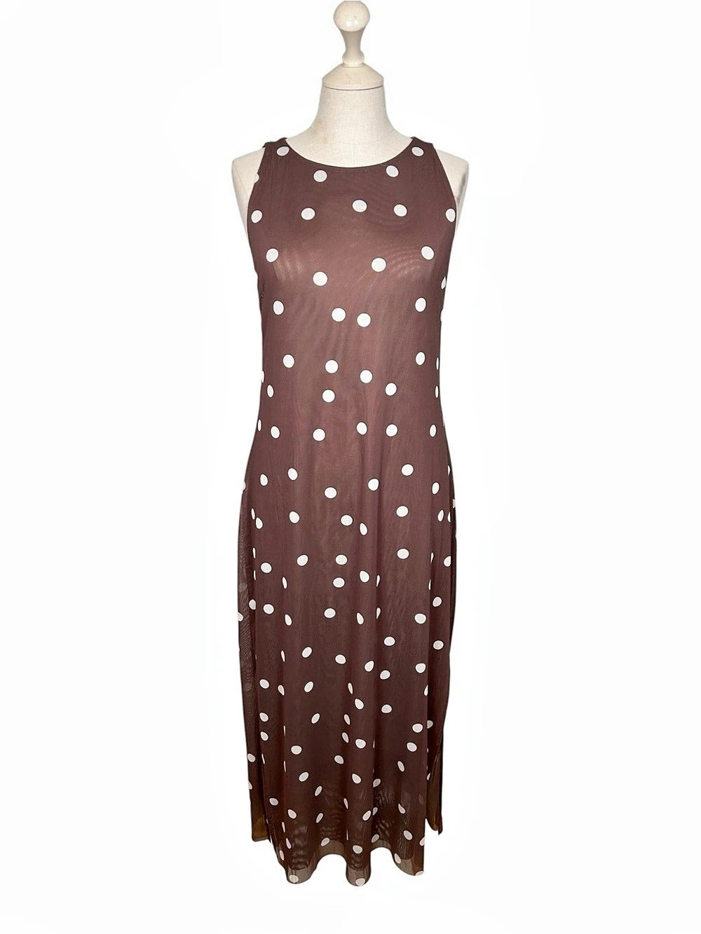 NWT Caroline Constas Polka Dot Sheer Midi Dress in Brown & White